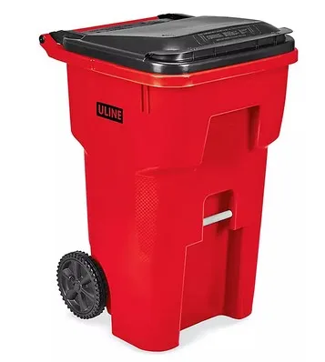 BOTE DE BASURA CON LLANTAS ROJO 65 GAL.