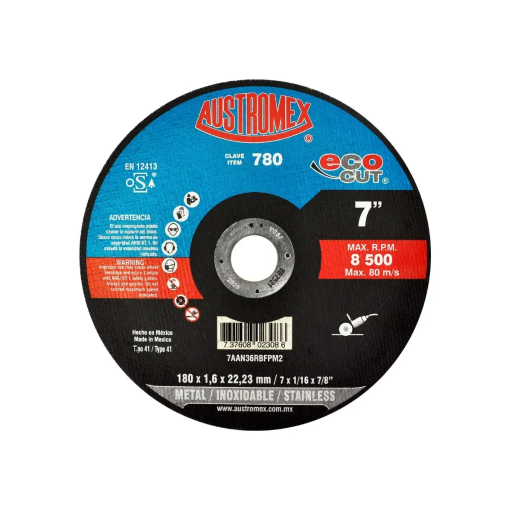 DISCO #780 DE CORTE DE ACERO INOXIDABLE Y METAL 7”x1/16”x7/8 ”